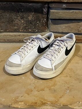 Nike Blazer Low Platform White Sneakers with Black Swoosh and Suede Toe